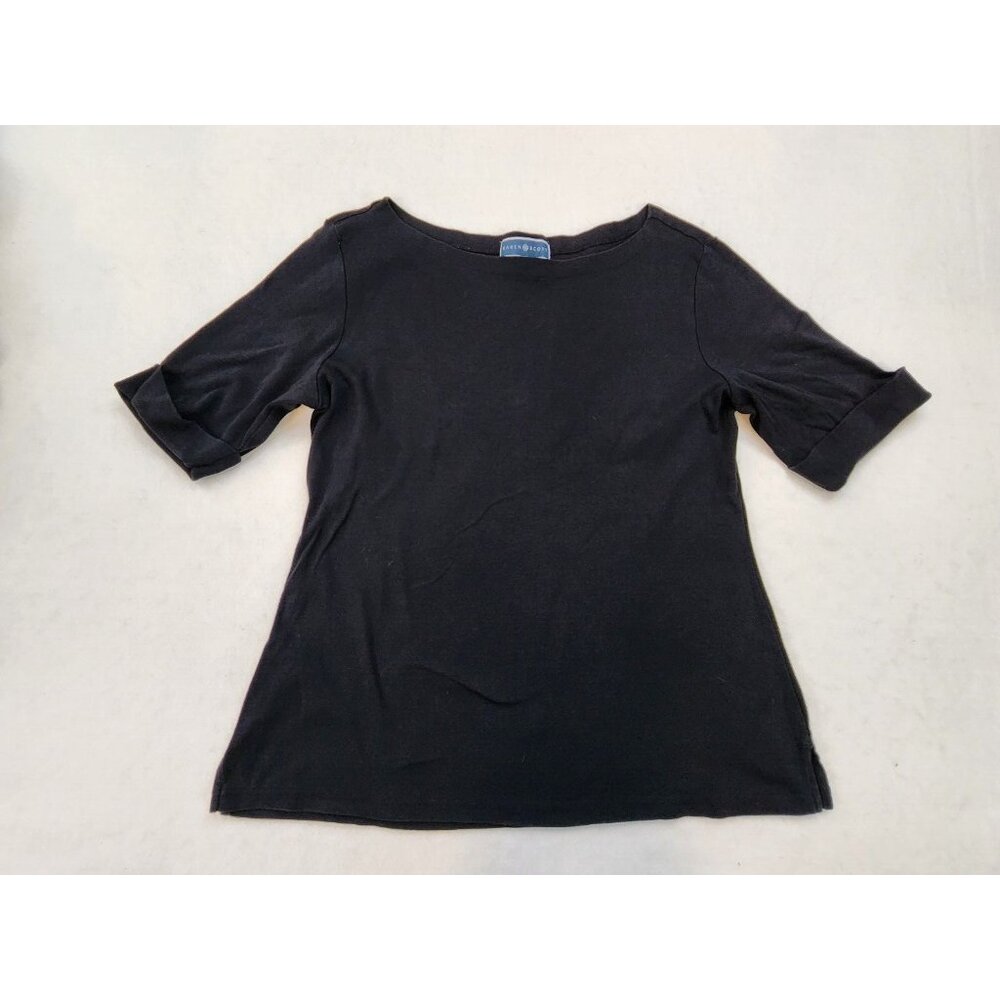 Karen Scott Top Boatneck 1/2 Sleeve L Black Cuffs Minimalist Old Money Mature